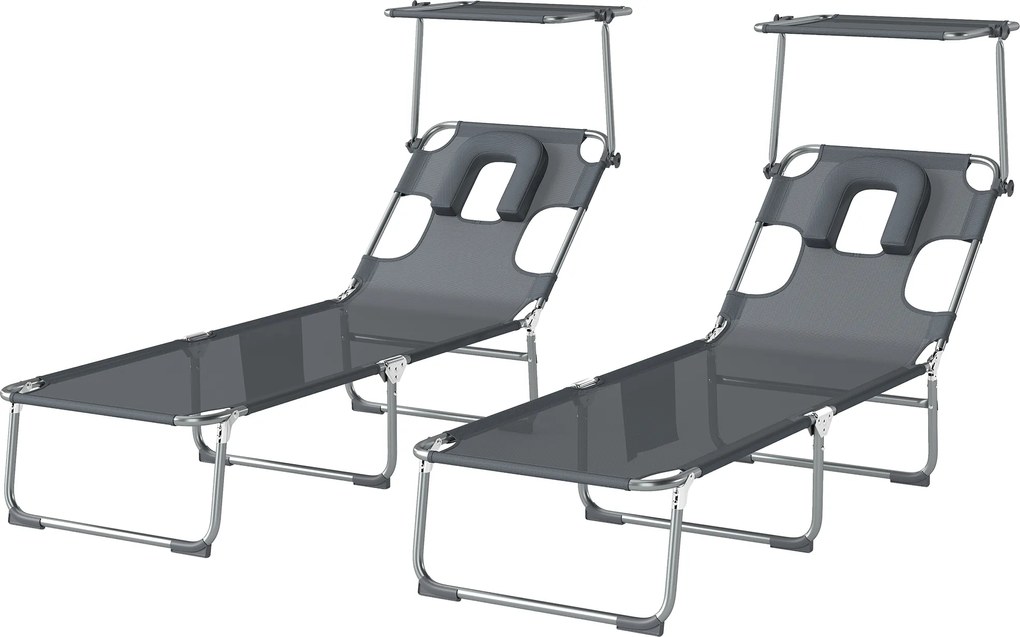 Outsunny Set de 2 șezlonguri pliante reclinabile cu copertină 360°, orificiu facial, buzunar lateral și Textilene 550 g/m² Gri | Aosom Romania