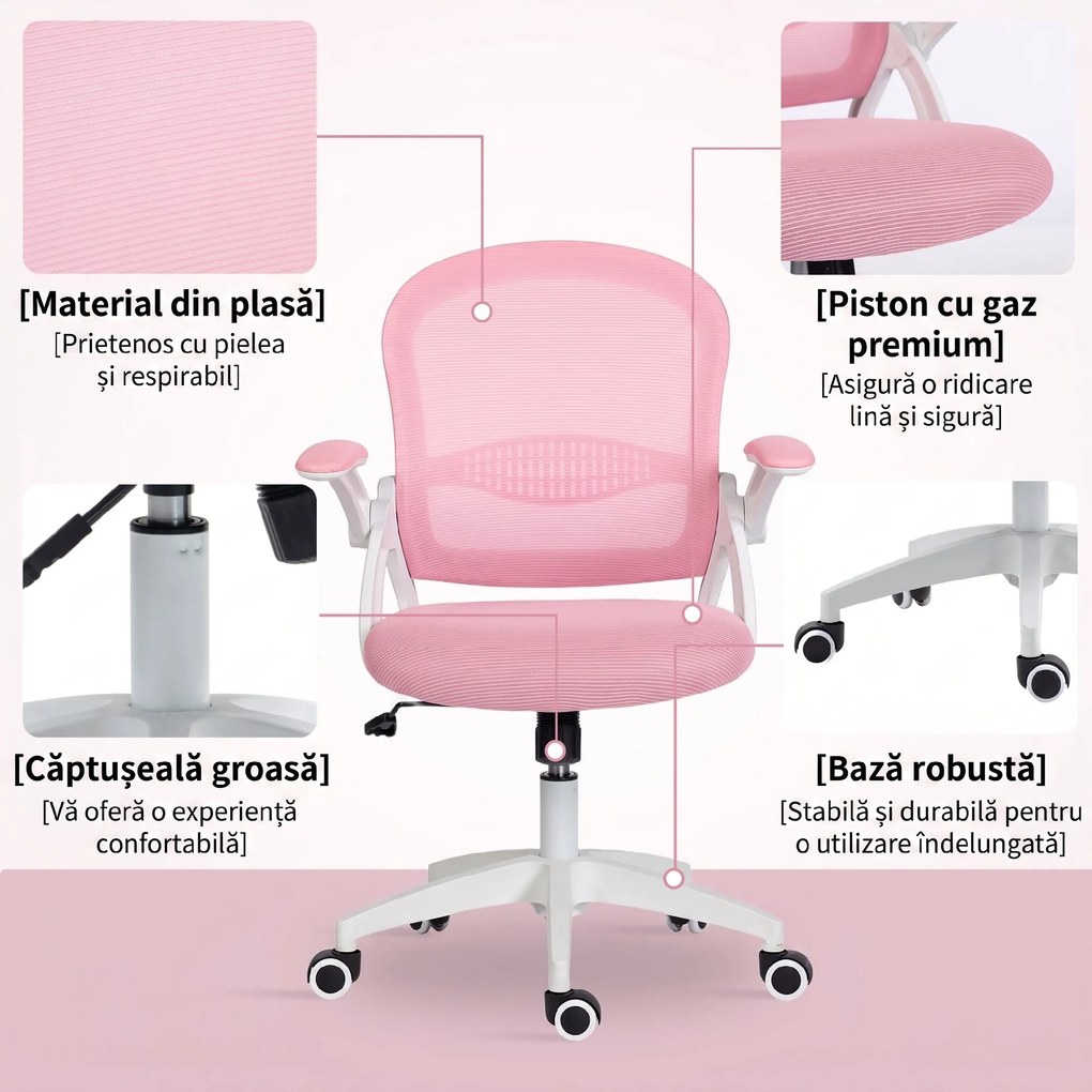 Vinsetto Scaun de Birou Ergonomic, Reglabil, cu Spătar din Plasă și Scaun Captusit, 65.5x61.5x88-97.5 cm, Roz | Aosom Romania