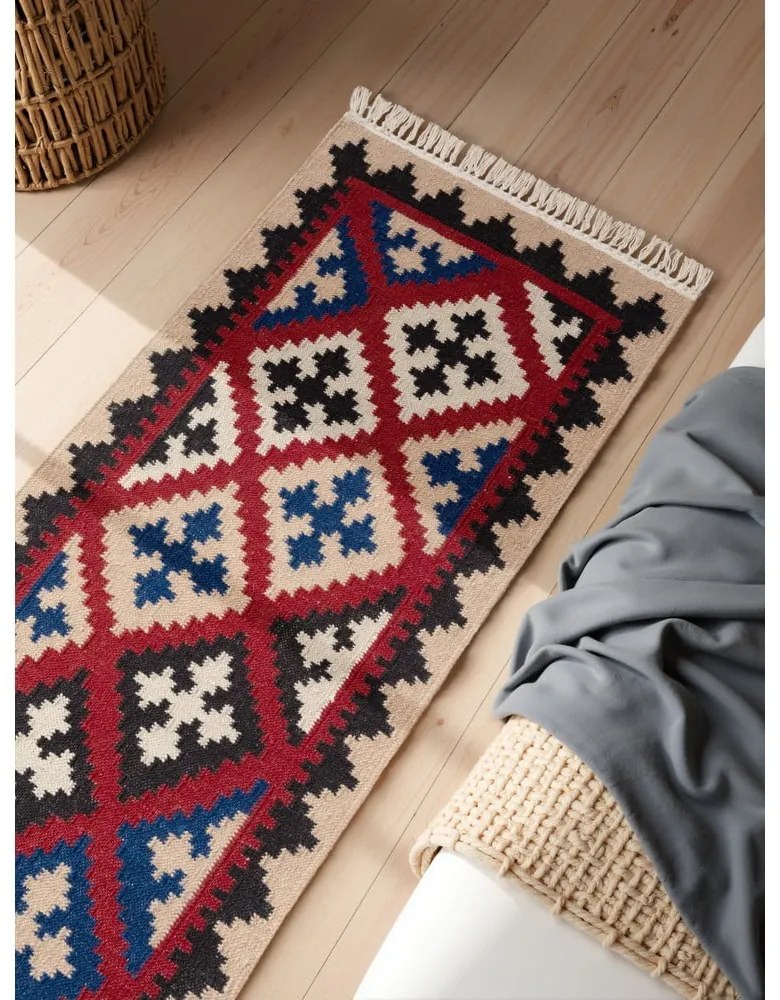 Covor tip traversă roșu reversibil, țesut manual din lână 60x190 cm Kamal Rami – Nouristan