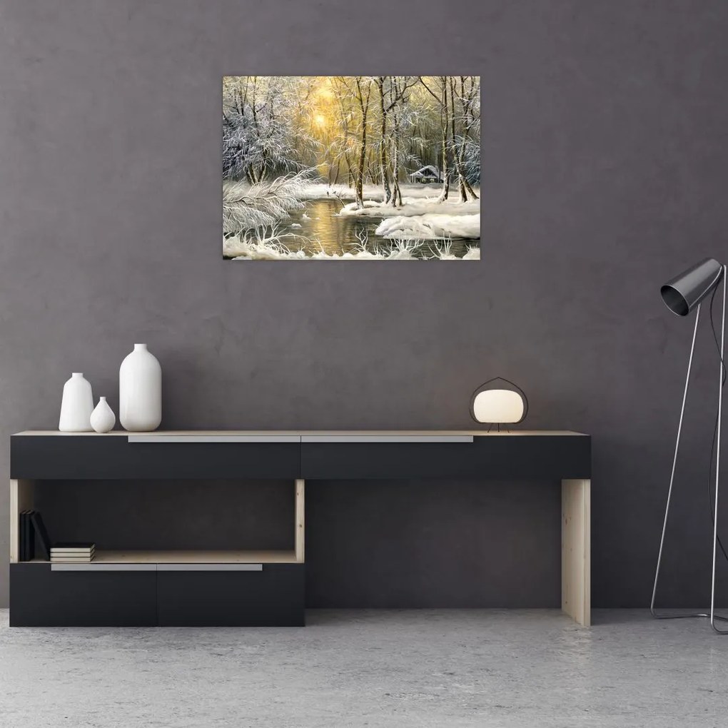 Tablou pe sticlă - Cabană în pădure, pictură în uei (70x50 cm)