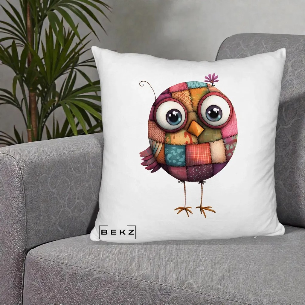 Perna Decorativa Pasare Patchwork Roz cu Floare, 40x40 cm, Alb Pufos, Husa Detasabila, Perna Inclusa, BEKZ®