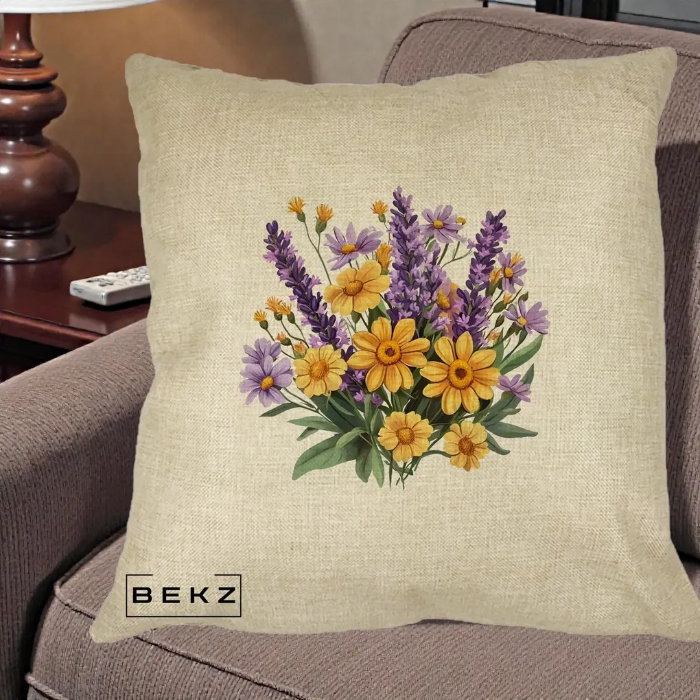 Perna Decorativa Lavanda cu Margarete Galbene si Lila, 40x40 cm, Crem, Husa Detasabila, Perna Inclusa, BEKZ®