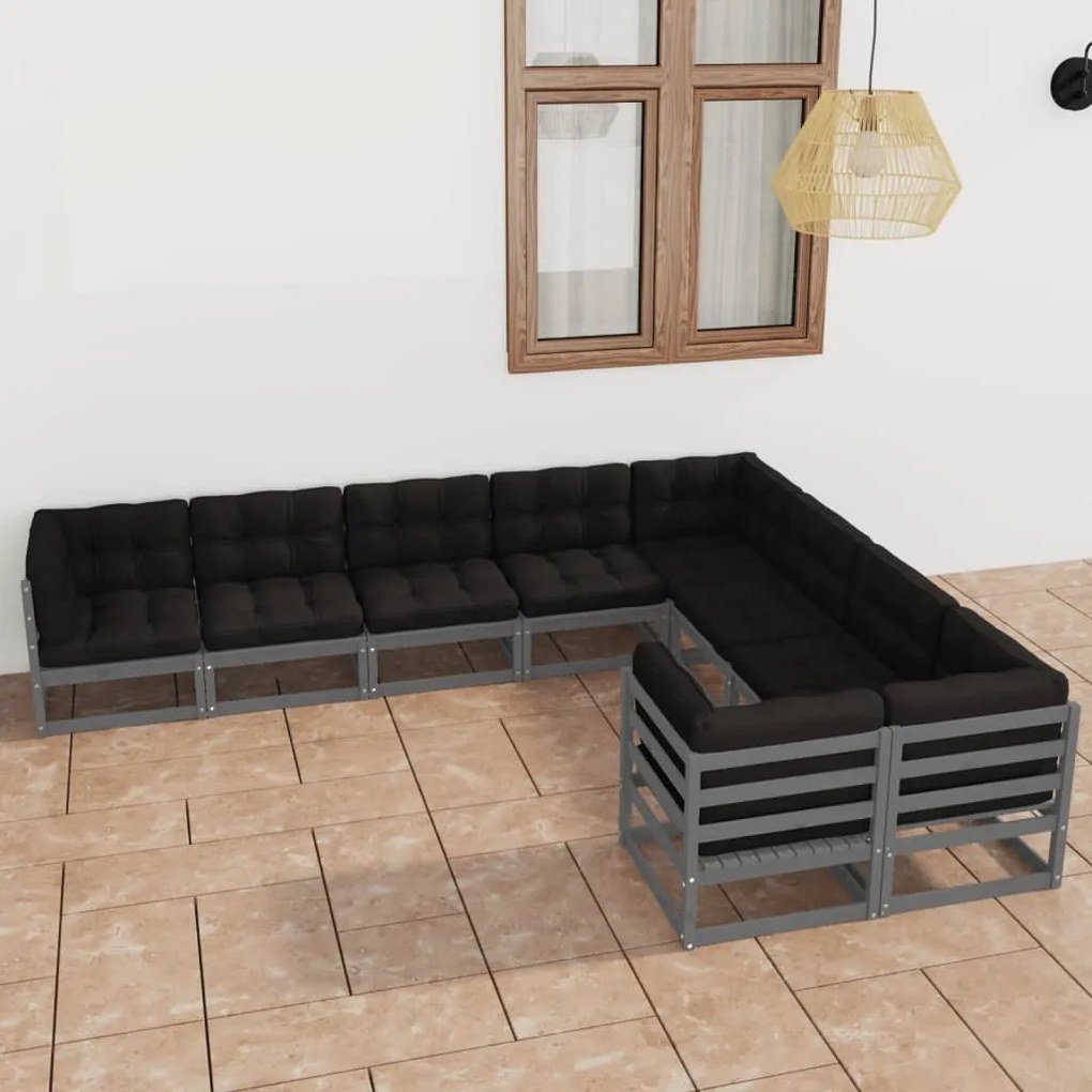 3077036 vidaXL Set mobilier grădină cu perne, 9 piese, gri, lemn masiv de pin