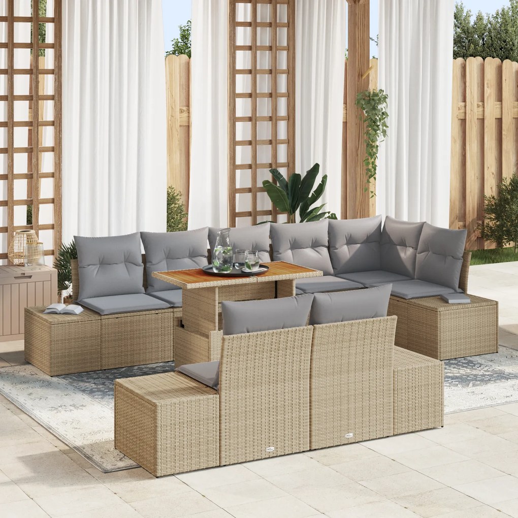 vidaXL Set de dining pentru grădină din 9 piese cu perne bej din poly rattan și acacia