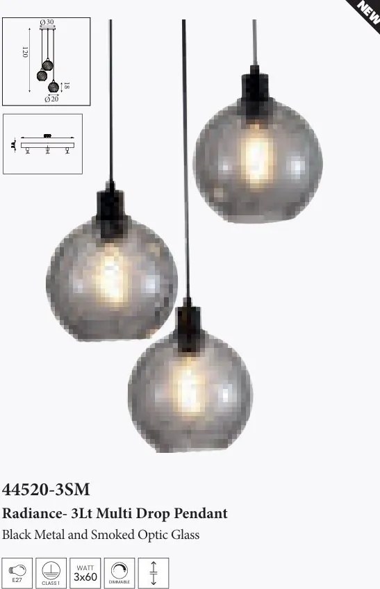 Lustra cu 3 pendule metal negru, sticla fumurie Radiance