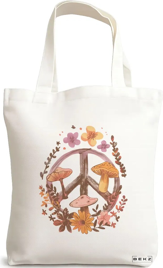 Sacosa de Panza pentru Cumparaturi, Geanta Tote Colorful Mushrooms 5, 38x34.5 cm, Alba, BEKZ®
