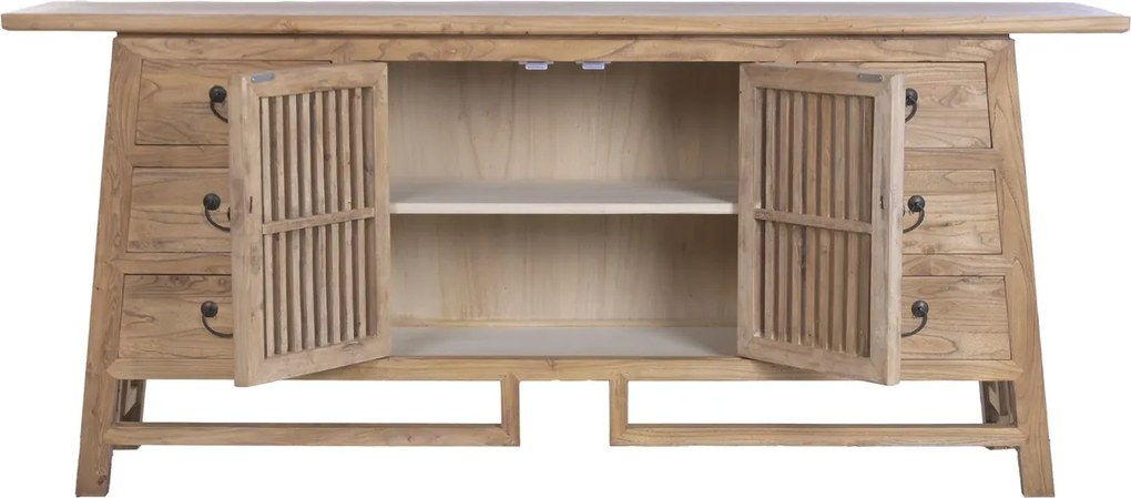 Bufet rustic în stil oriental, din lemn de ulm reciclat, natur, cu 2 uși cu grilaj, 6 sertare și siluetă trapezoidală, 79 x 180 x 42 cm, „Joyeuse”