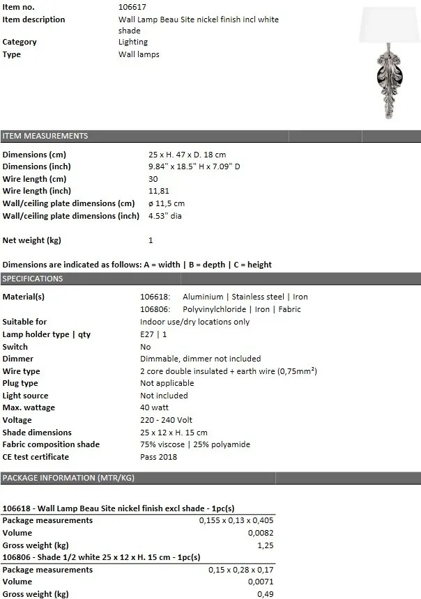 Aplica Beau Site, nickel/ alb 106617 HZ