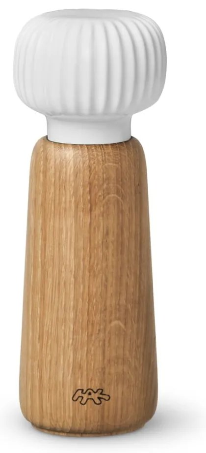 Râșniță pentru condimente din lemn de stejar cu detalii din porțelan alb Kähler Design Hammershoi, înălțime 17,5 cm