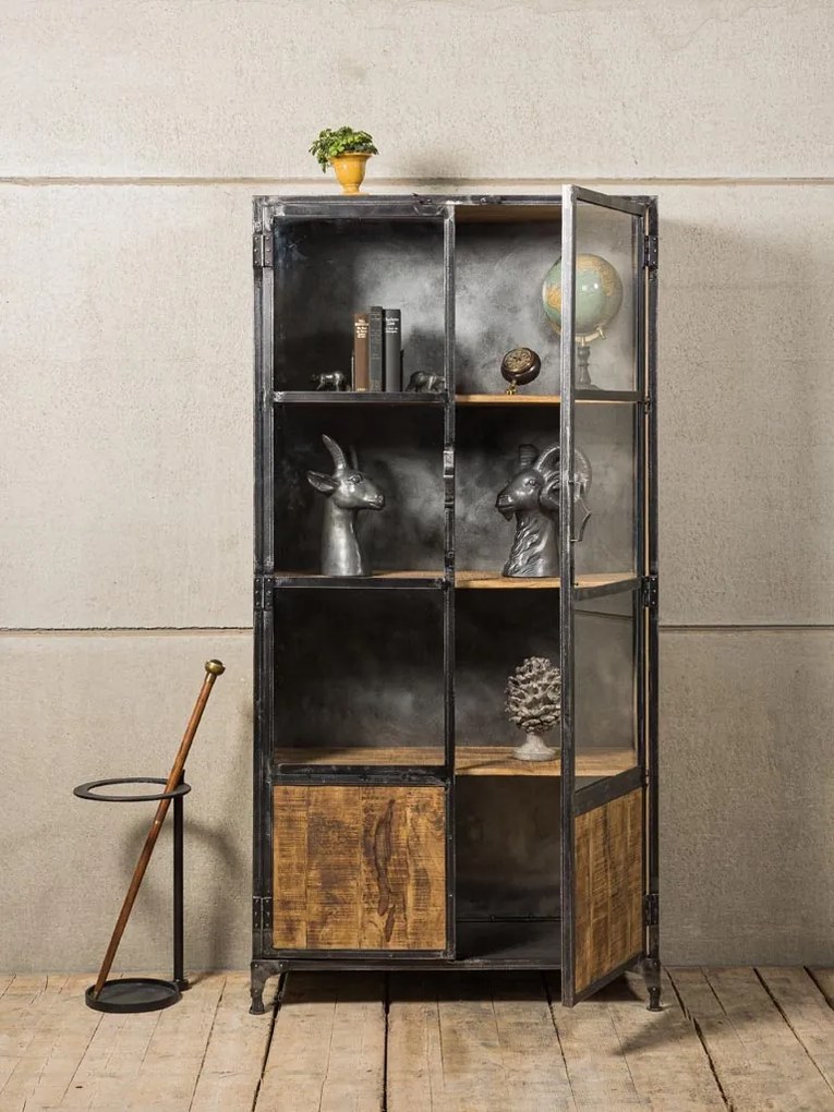Vitrina din lemn de mango, metal si sticla, cu 2 usi, stil industrial, Revol