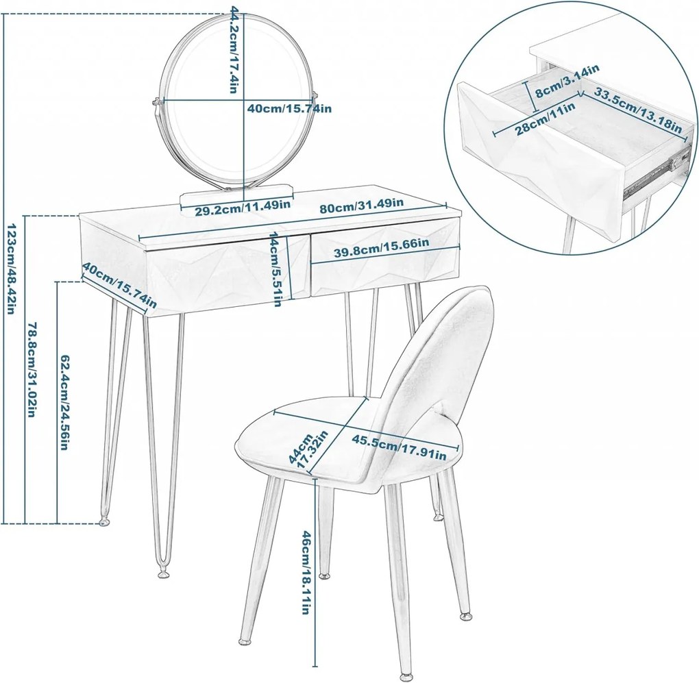 SEA461 - Set Masa toaleta 80 cm cosmetica machiaj, oglinda cu LED, masuta vanity, cu taburet - Alb