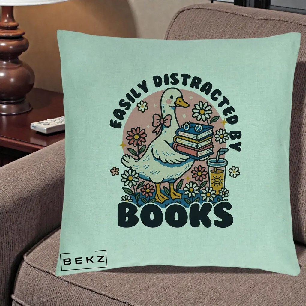 Perna Personalizata Easily Distracted by Books, 40x40 cm, Verde Menta, Husa Detasabila, Perna Inclusa, BEKZ®