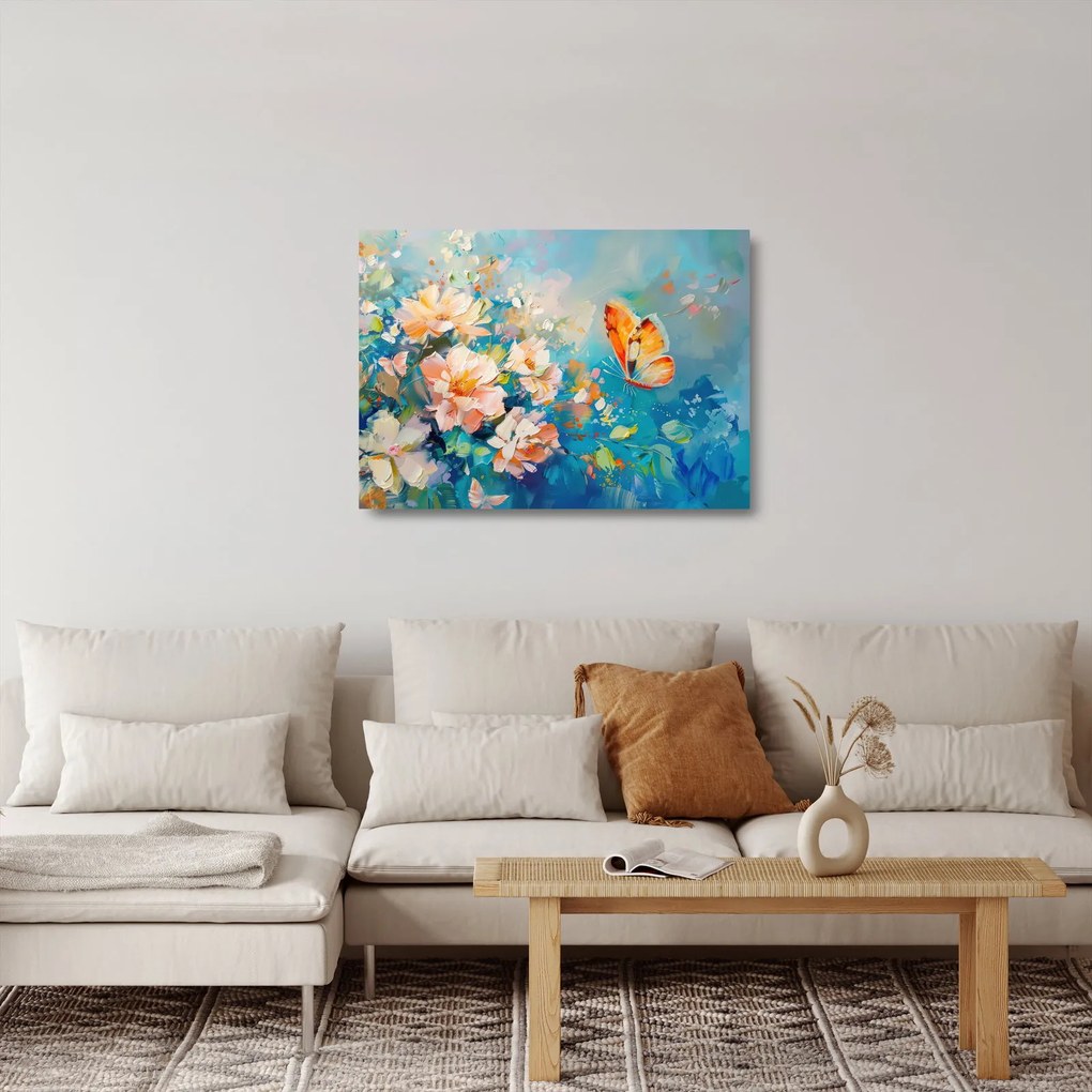 Tablou pe sticlă - Fluture și flori, pictură în ulei II. (70x50 cm)
