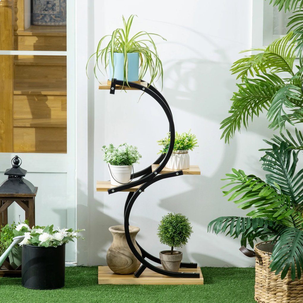 Outsunny Suport de plante cu 4 rafturi, lemn masiv, rezistent la intemperii, 46 cm x 25 cm x 91 cm, Negru + Natural | Aosom Romania
