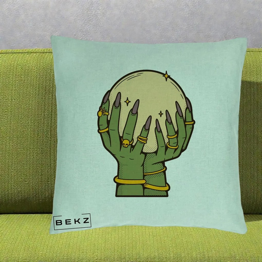 Perna Decorativa Halloween Maini Vrajitoare cu Glob de Cristal, 40x40 cm, Verde Menta, Husa Detasabila, Perna Inclusa, BEKZ®