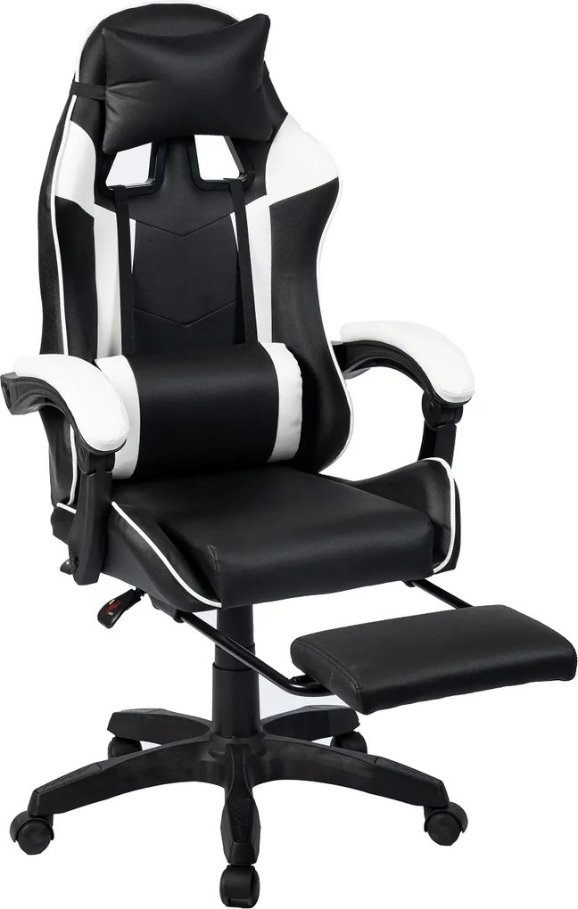 RESIGILAT- Scaun gaming, masaj în perna lombară, suport picioare, PU, Negru/Alb