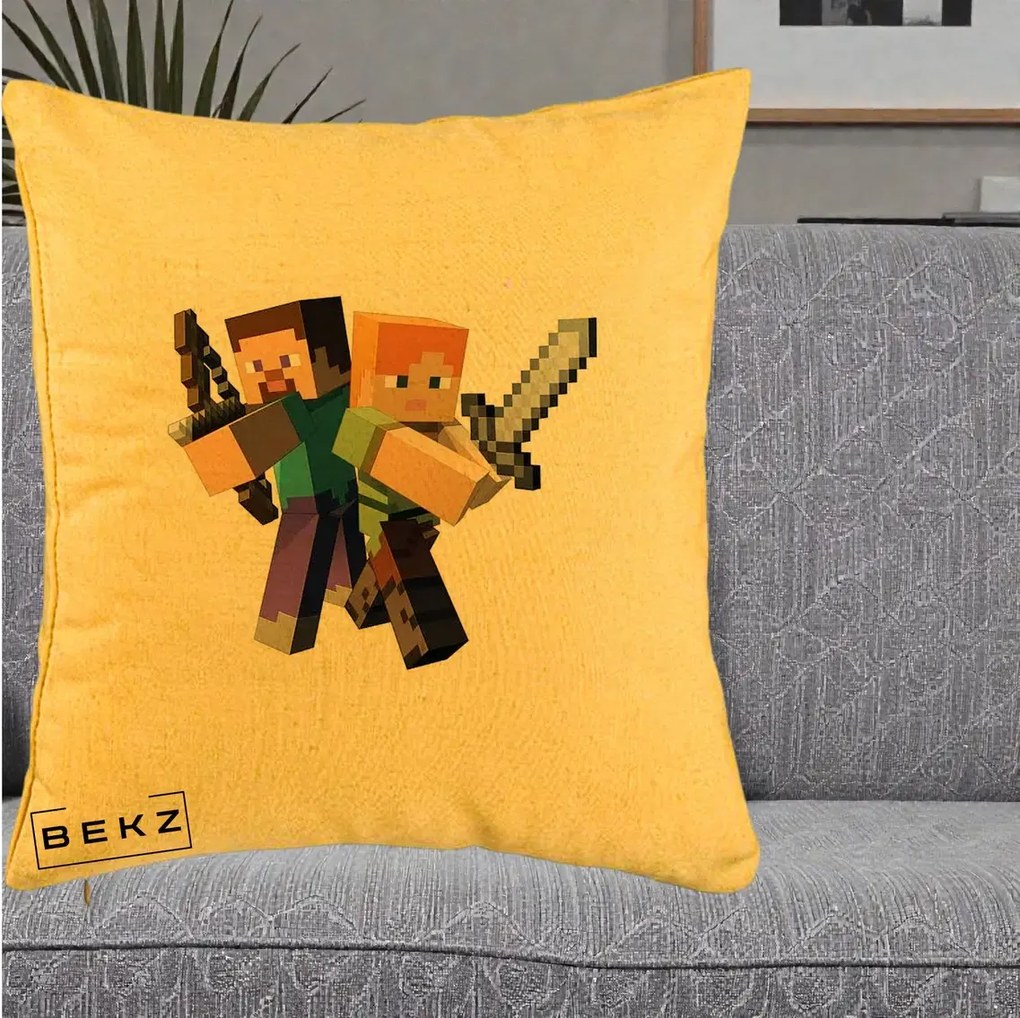 Perna Personalizata Minecraft Steve si Alex, 40x40 cm, Galben, Husa Detasabila, Perna Inclusa, BEKZ®