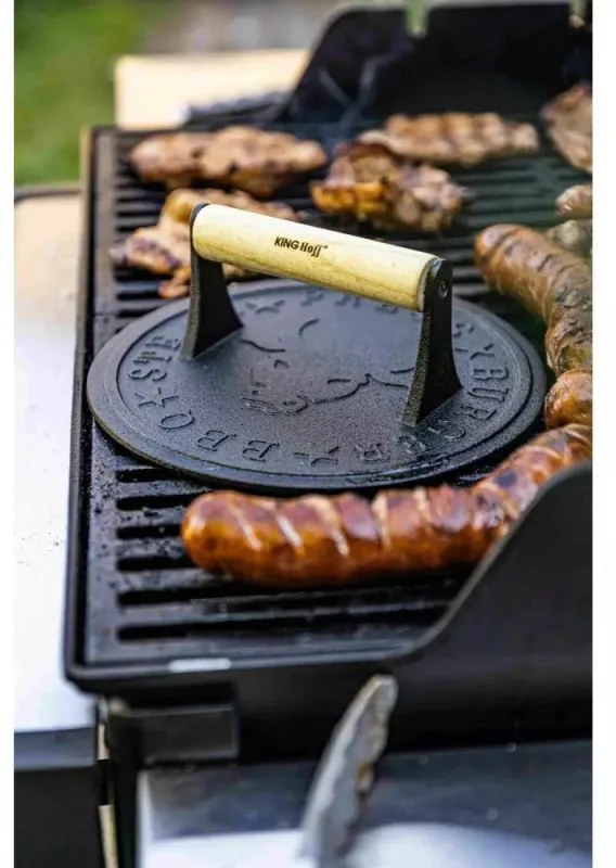 Presa din fonta pentru carne Kinghoff KH-1760, 22 cm, Maner din lemn, Negru/Lemn