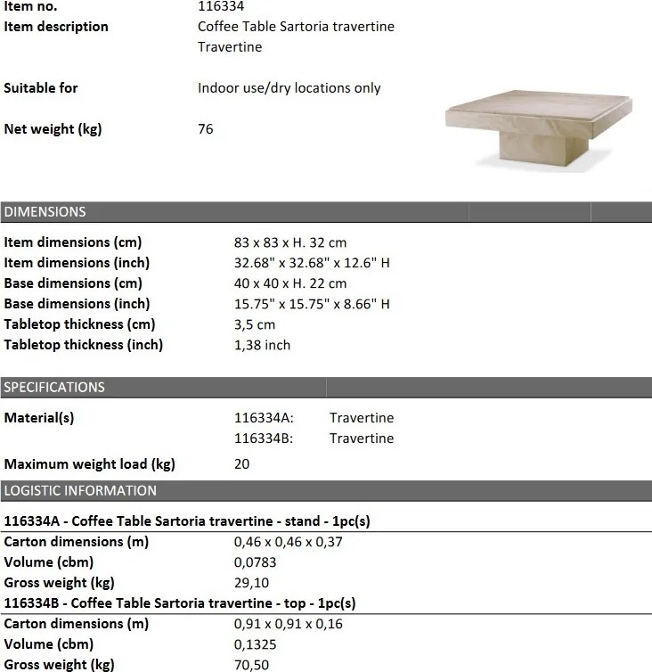 Masuta de cafea design LUX din travertin Sartoria, 83x83cm