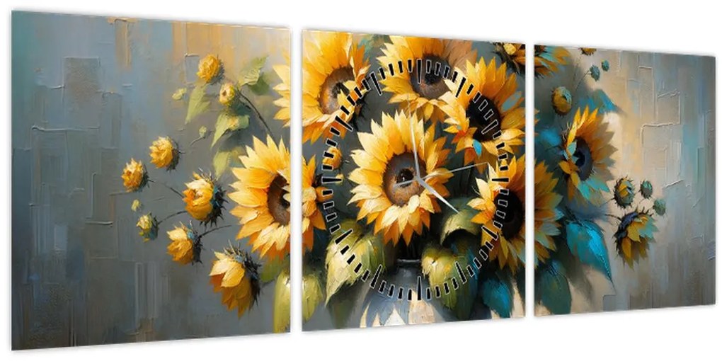 Tablou – Vază cu floarea-soarelui (cu ceas) (90x30 cm)