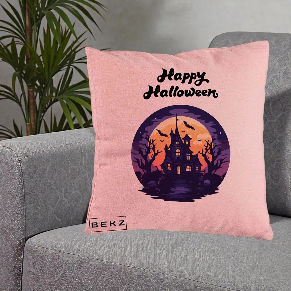 Perna Decorativa Happy Halloween Casa Bantuita Violet, 40x40 cm, Roz, Husa Detasabila, Perna Inclusa, BEKZ®