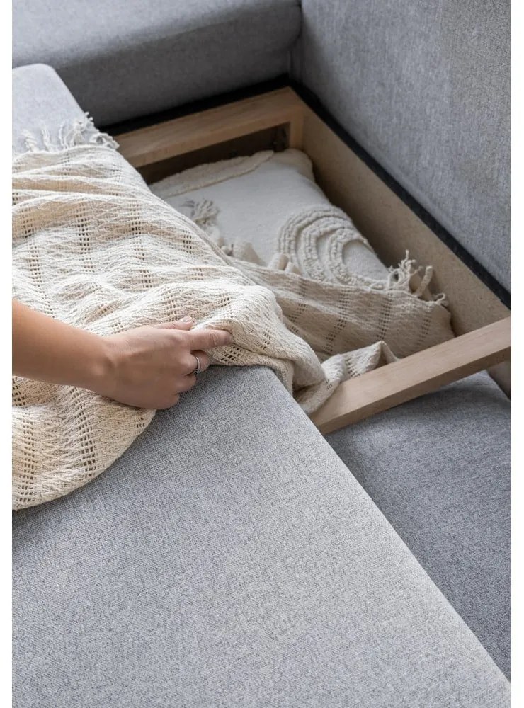 Colțar gri deschis extensibil/cu spațiu de depozitare (cu colț pe partea stângă/în formă de ”L”) Scandic Lagom – Miuform