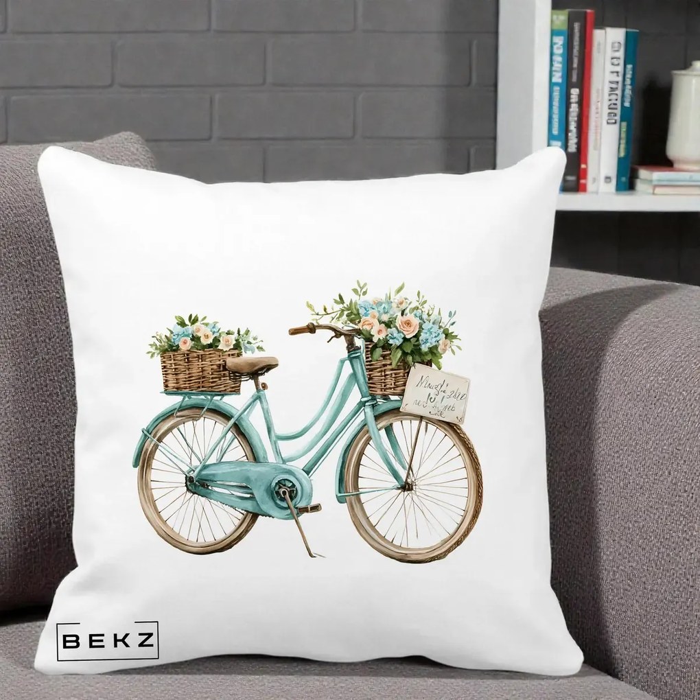Perna decorativa Bicicleta Teal cu Cosuri Duble de Flori Vintage, 40x40 cm cu Umplutura, Alb Mat, BEKZ