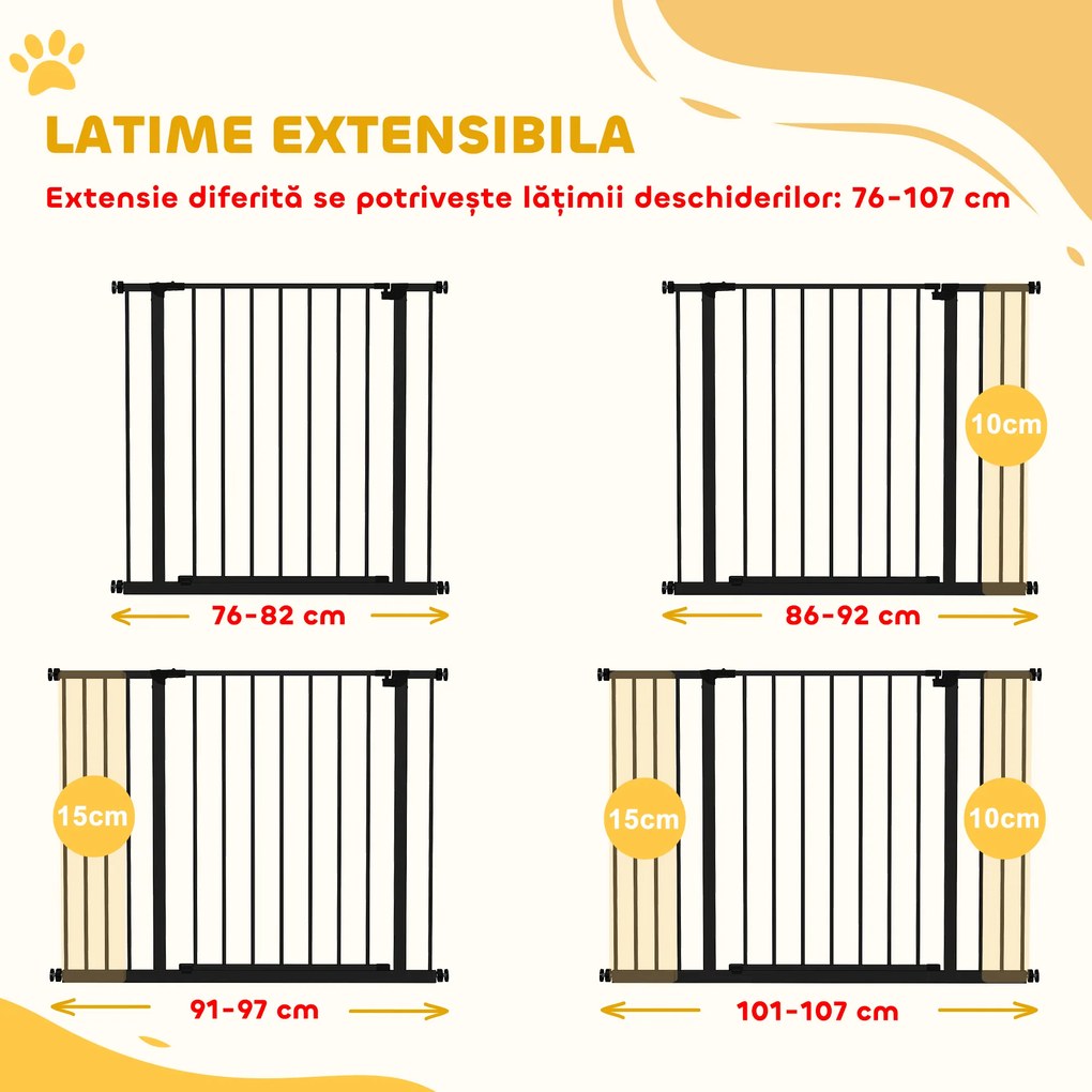 PawHut Poartă pentru Câine Extensibilă cu Deschidere Amplă, Poartă de Siguranță din Oțel și Plastic, 76-107x76 cm, Negru | Aosom Romania