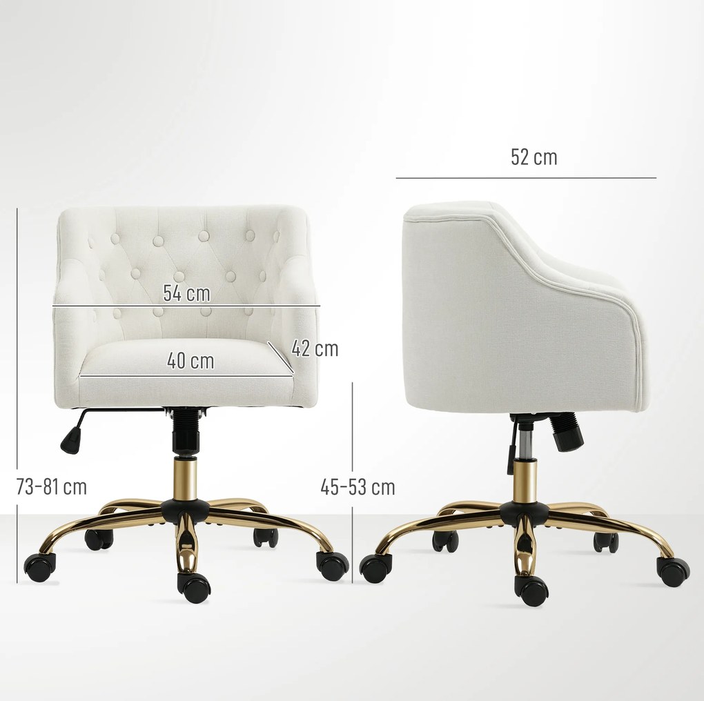 HOMCOM Scaun de birou tapițat, scaun pentru birou cu aspect de in, picioare aurii, reglabil pe înălțime, Bej | Aosom Romania