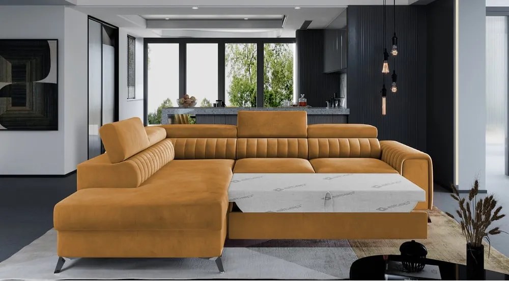 Colțar galben extensibil/cu spațiu de depozitare cu tapițerie din catifea (cu colț pe partea stângă/în formă de ”L”) Laurence – ELTAP