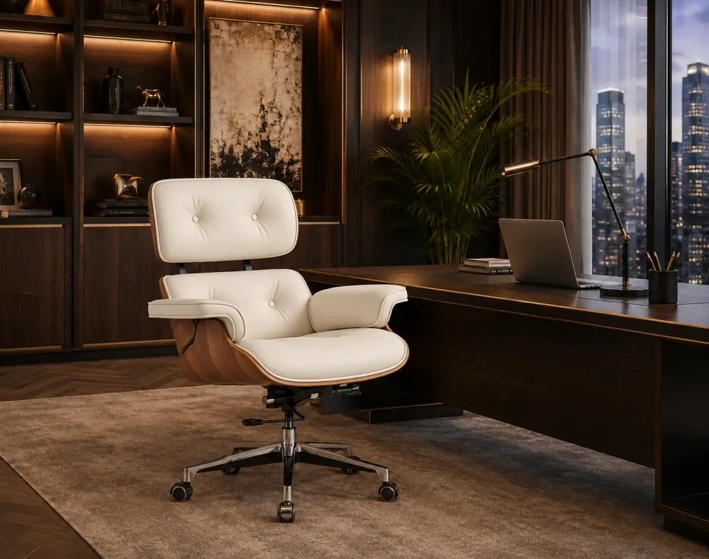 EXECUTIVE PRESTIGE – Scaun Directorial Ergonomic Premium, cu Piele PU, Furnir din Lemn Natur, Bază din Aluminiu, Reglaj pe Înălțime și Funcție de Înclinare, Alb