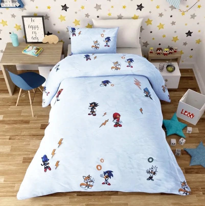 Lenjerie de pat copii bumbac Sonic Ariciul / 160x200 cm dimensiune standard