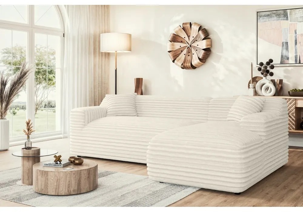 Colțar crem cu tapițerie din catifea reiată (cu colț pe partea dreaptă, cu șezlong) Martin – Ropez