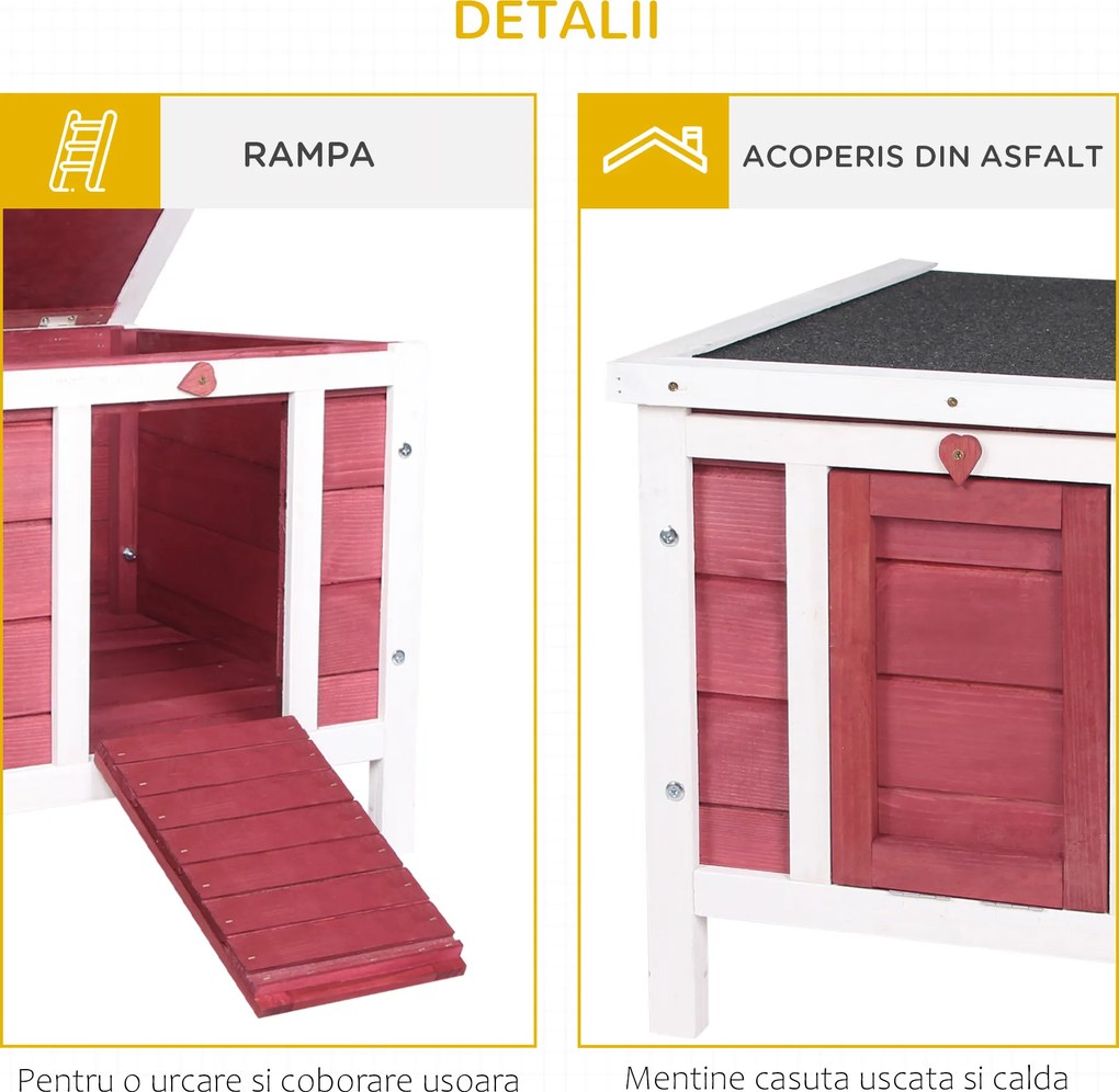 PawHut Colivă Lemn Exterior pentru Rozătoare, Acoperiș și Rampa Reglabilă, 42x51x43cm, Roșu | Aosom Romania