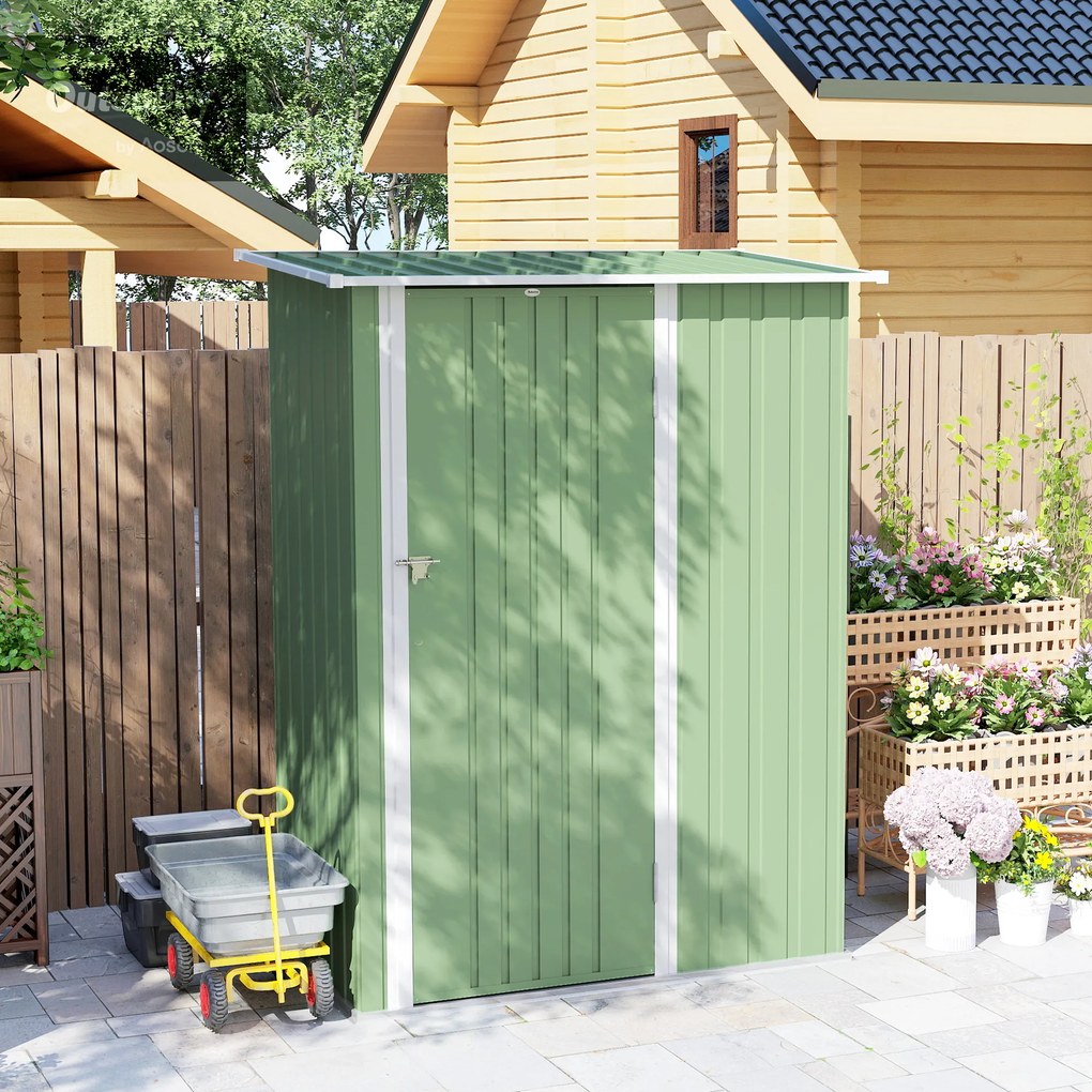 Outsunny Căsuță de Grădină 1.07m² din Oțel Galvanizat, Magazie pentru Unelte cu Ușă Blocabilă și Acoperiș Înclinat, 142x86x189 cm, Verde Deschis | Aosom Romania