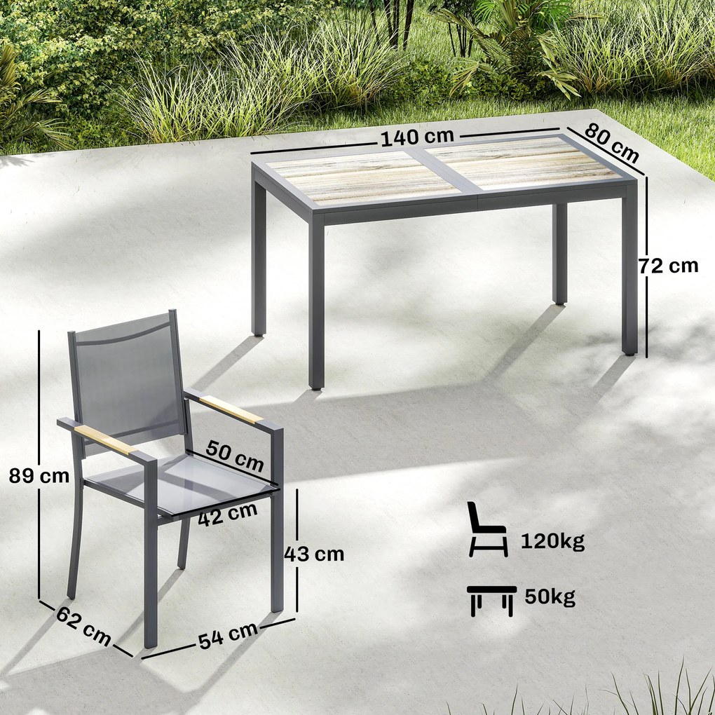 Outsunny Set Mobilier de Grădină 7 Piese Masă Aspect Lemn 6 Scaune Suprapuse din Textilenă 140x80x72cm Gri | Aosom Romania