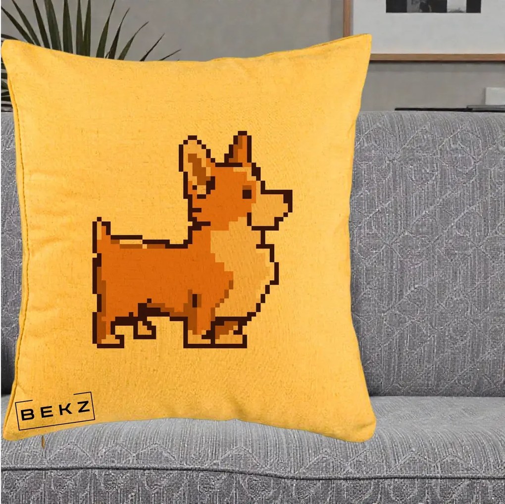 Perna Personalizata Corgi Pixel Art, 40x40 cm, Galben, Husa Detasabila, Perna Inclusa, BEKZ®