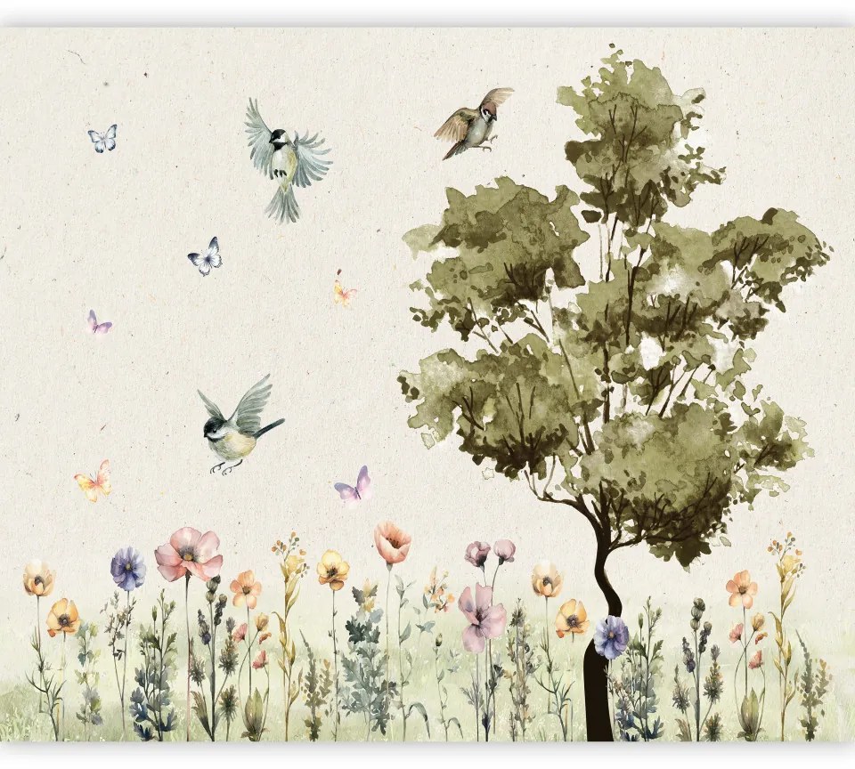 Fototapet - Pajiștea primăverii - o poiană cu flori pictate în acuarele