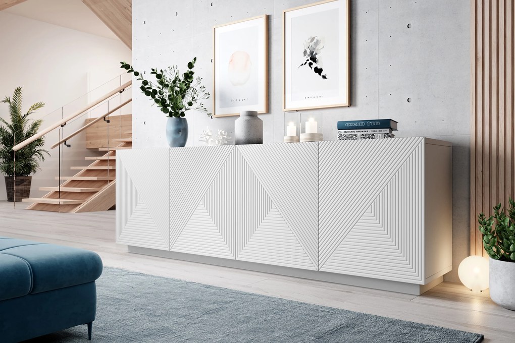 Comodă Asha 200 cm cu patru uși - alb mat