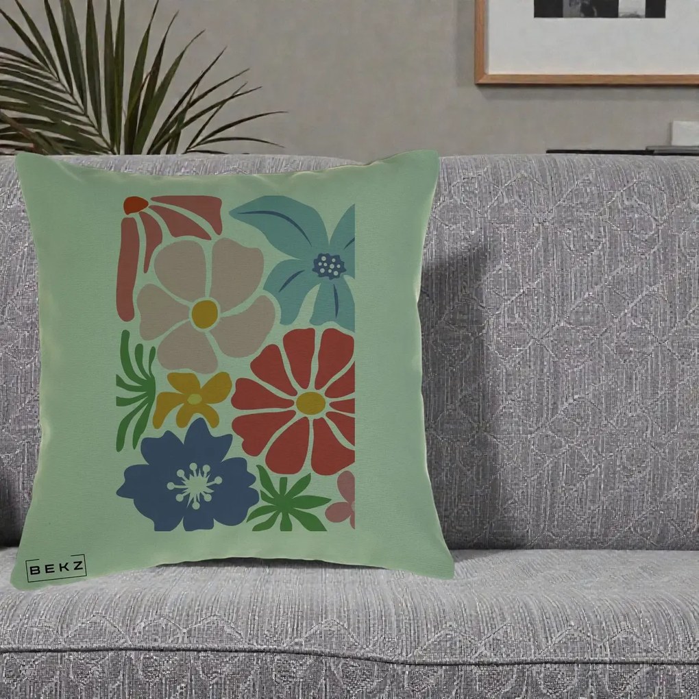 Perna Decorativa Flori Grafice Roz-Rosu-Albastru, 40x40 cm, Verde, Husa Detasabila, Perna Inclusa, BEKZ®
