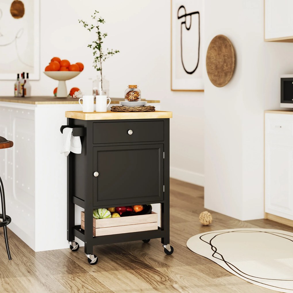 HOMCOM Servantă de bucătărie pe roți, cărucior de servire, blat din lemn de hevea, sertar, 63,5 x 40 x 90 cm, negru | Aosom Romania