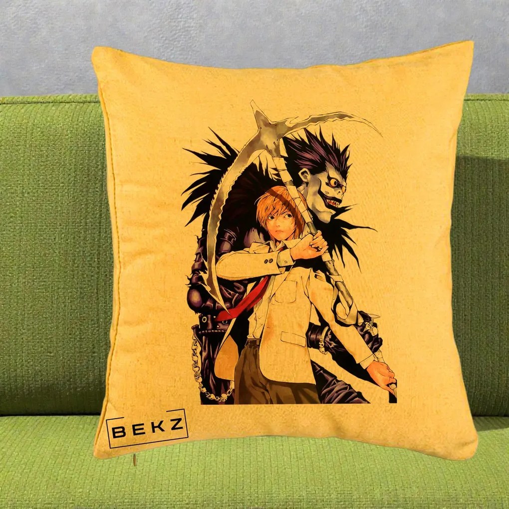 Perna Personalizata Death Note Light si Ryuk Duo, 40x40 cm, Galben, Husa Detasabila, Perna Inclusa, BEKZ®