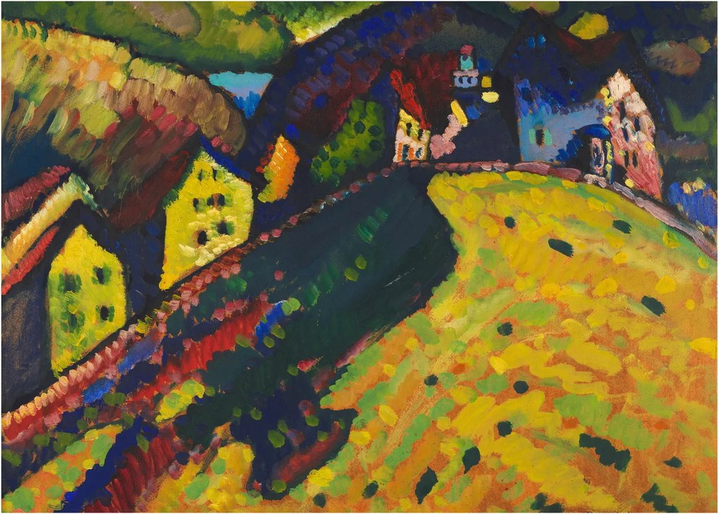 Tablou pe sticlă - Vasily Kandinsky, Houses at Murnau, reproducere (70x50 cm)