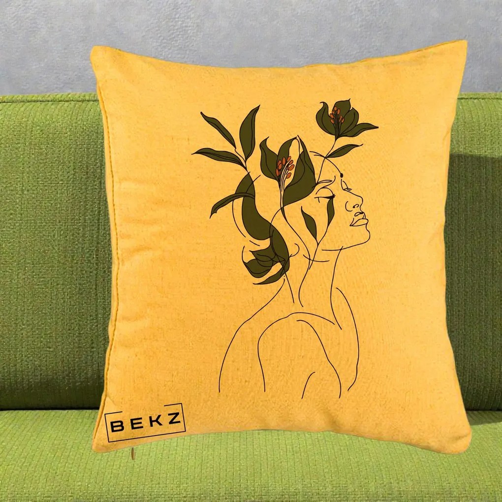 Perna Decorativa Portret Feminin Crin Verde, 40x40 cm, Galben, Husa Detasabila, Perna Inclusa, BEKZ®