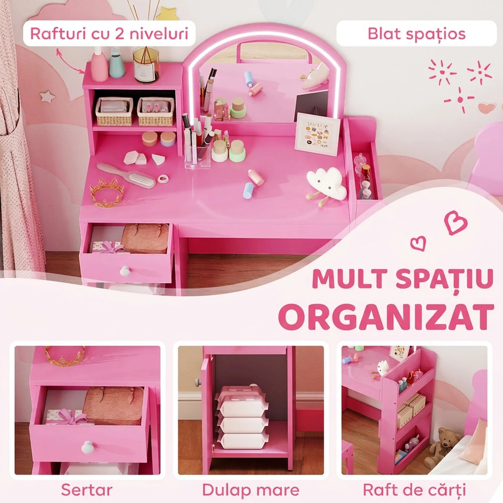 AIYAPLAY Set masă și scaun de machiaj pentru copii, cu lumini LED, MDF, Acril, 88.6 x 38.8 x 96.9, Roz | Aosom Romania