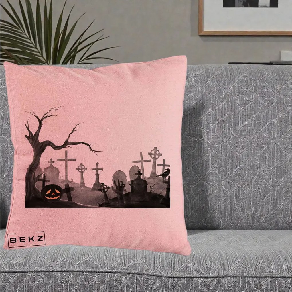 Perna Decorativa Halloween Cimitir Acuarela cu Dovleac, 40x40 cm, Roz, Husa Detasabila, Perna Inclusa, BEKZ®