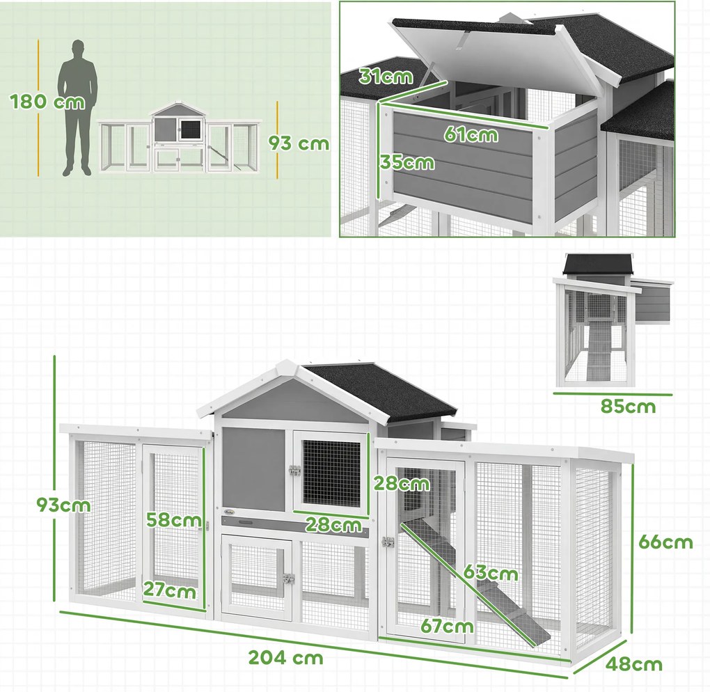 PawHut Coteț pentru exterior mare din lemn 204x85x93 cm cu cutie de cuibărit tarc tavă extractabilă și bară de cocoțat Gri | Aosom Romania