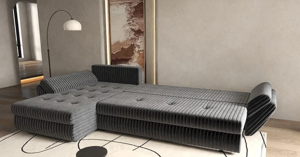 Colțar extensibil dumonde cu ladă de depozitare si sezut confortabil din spuma high-density, Loana XL Ambience Gri II 335x185 cm