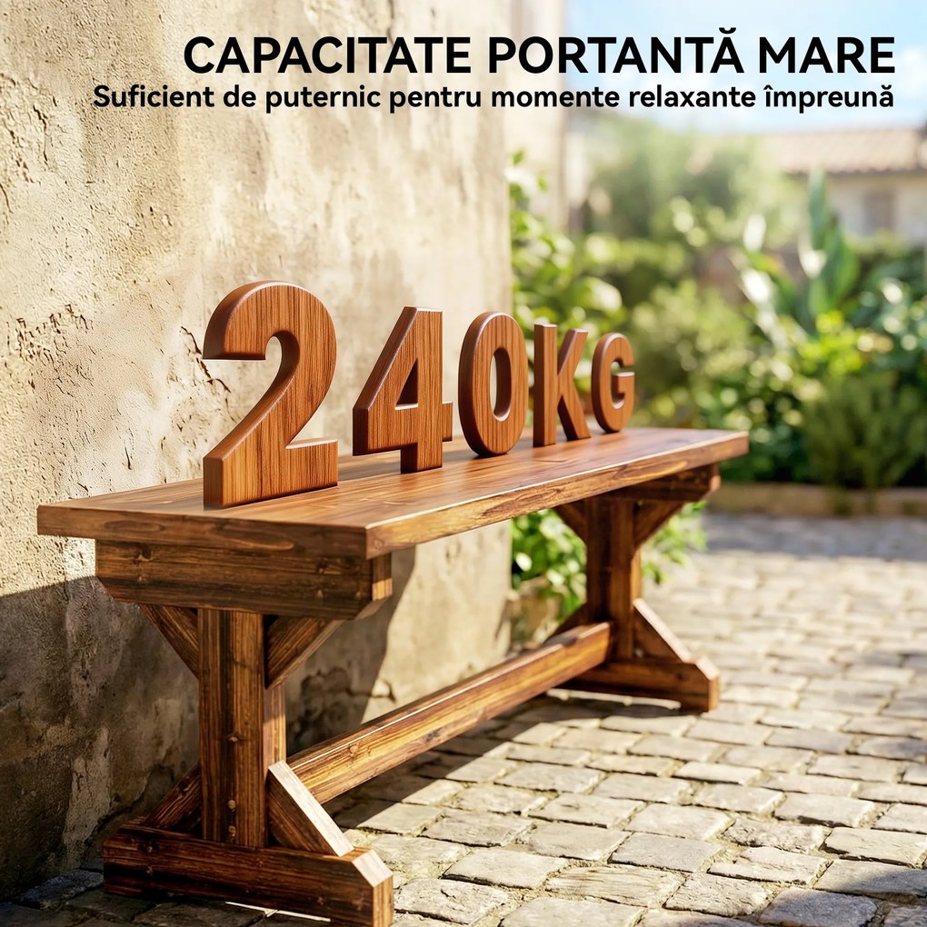 Outsunny Bancă de Grădină cu 2 Locuri din Lemn de Brad cu Bază în Formă de X, Bancă Rustică pentru Exterior Fără Spătar, pentru Patio, Verandă, Balcon, 114L x 40l x 46h cm, Finisaj Carbonizat | Aosom Romania