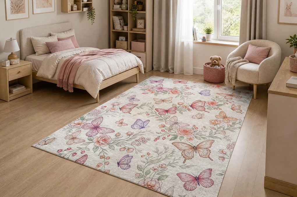 BAMBINO 61450 covor lavabil Fluturi pentru copii anti-alunecare - cremă / roz